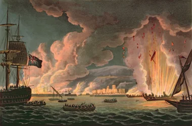 Destrucción de la flota francesa en Toulon, 18 de diciembre de 1793, grabado por Thomas Sutherland publicado en 1816